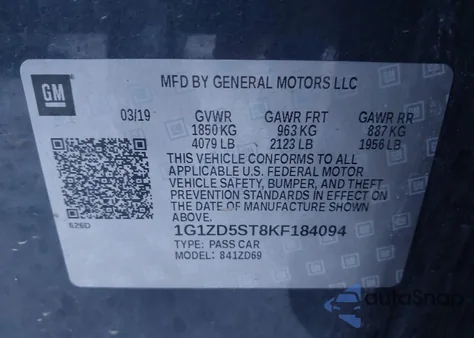 2019 Chevrolet Malibu Lt z USA, uszkodzony, nr VIN 1G1ZD5ST8KF184094